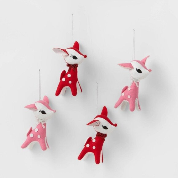 Target Wondershop Retro Deer Plush Pink Red Christmas Ornament Set of 4 - Picture 1 of 2